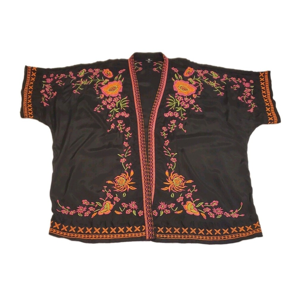 Curations Kimono Cardigan Womens M/L Black And Floral Embroidered Oversized Boho
